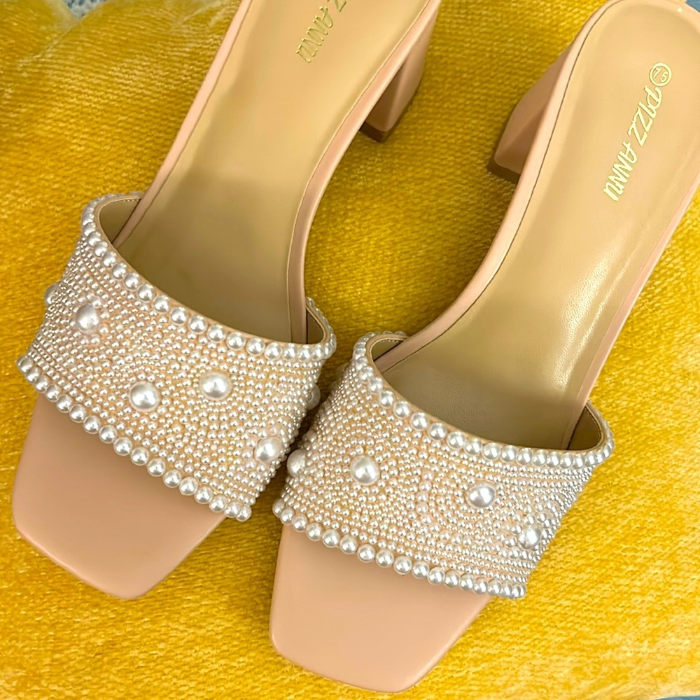 Pearl covered block heel sandals